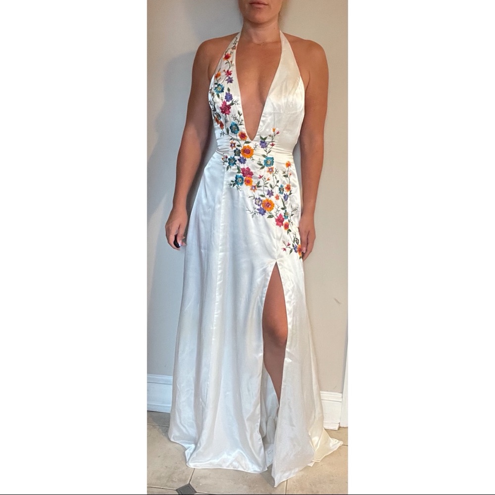 Jovani White Deep Plunge Gown with Flowers